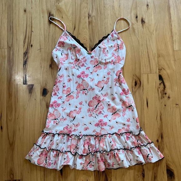 Vintage Betsey Johnson Intimates Cotton Floral White Mini Dress Black Ruffles